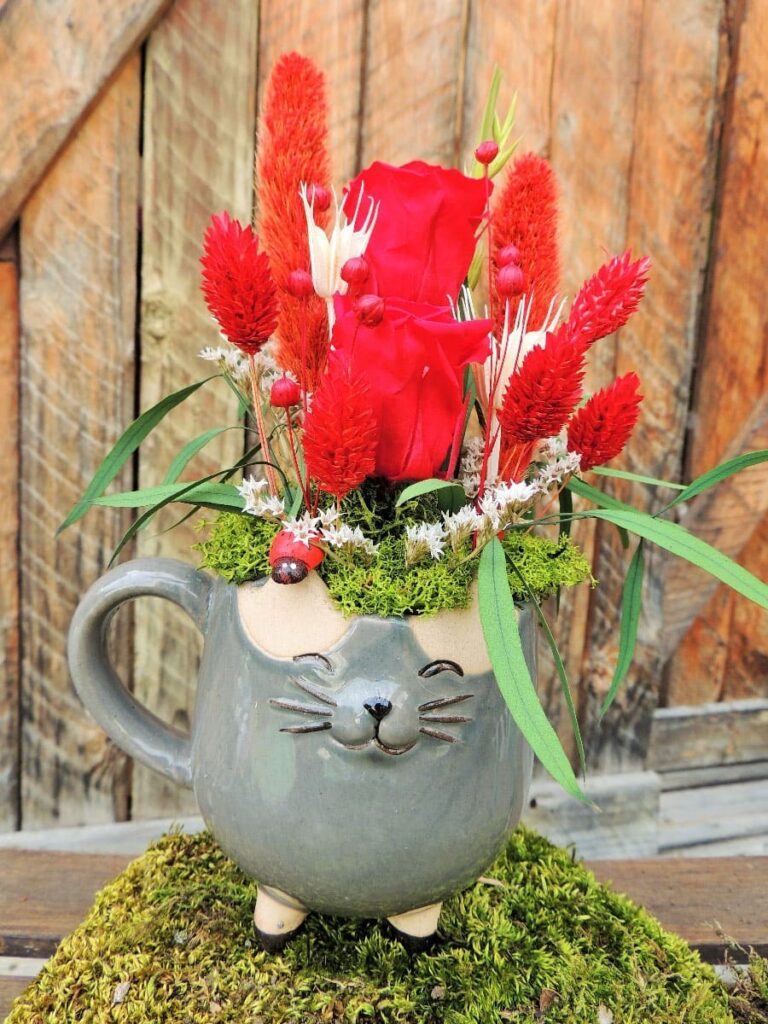 Taza carita de gato, con rosa eterna roja y flores preservadas